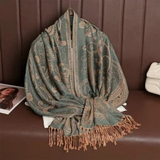 Cashmere Feel Paisley Scarf Shawl Wrap Jacquard Fringed Warm Green Taupe