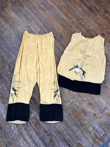 Juego de traje de pijama de dos piezas de seda japonesa grúa años 20 vintage - S/M
