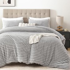 Fluffy Queen Comforter Set 3 Pieces - Light Grey Fleece Fluffy Comforter