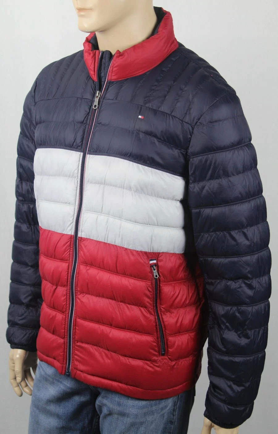 Tommy Hilfiger Navy Blue Red Ultra Loft Puffer Packable Coat NWT $195