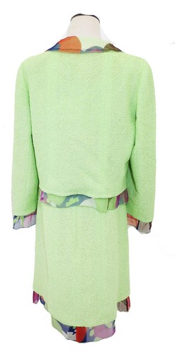 CHANEL Vintage 2000 Spring Lime Green Print Chiffon Trim Skirt Jacket Set 38 40 - Picture 10 of 18