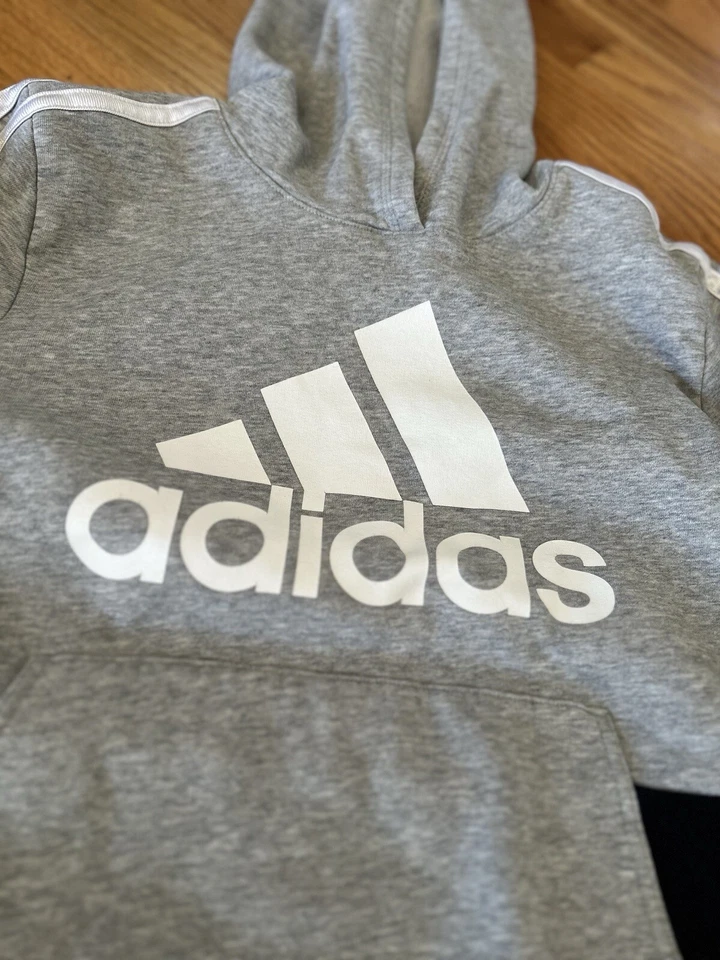 Adidas Sweatshirt Youth Medium Gray Hoodie w Pouch Spell Out Logo - Image 3 of 4