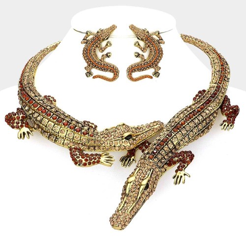 Crystal Bib Alligator Necklace Crocodile Choker Chain Necklace Earrings Set - Picture 3 of 6