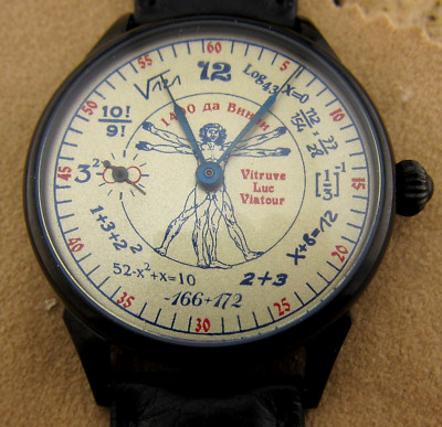 Stylish unusual mechanical wristwatch Vitruvian Man, mathematical formulas, d=45