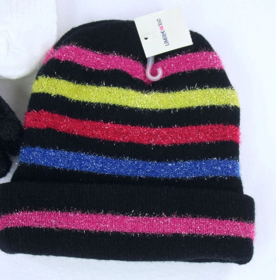 Винтажный Y2K ограниченного слишком девочек черная полоса блестящий шляпа Beanie перчатки комплект шениль - Изображение 2 из 4