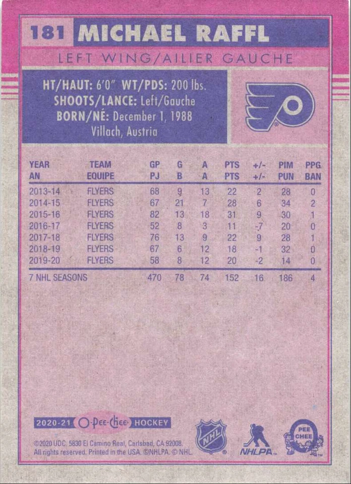 2020-21 O-Pee-Chee Retro Michael Raffl Philadelphia Flyers #181 - Image 2 of 2