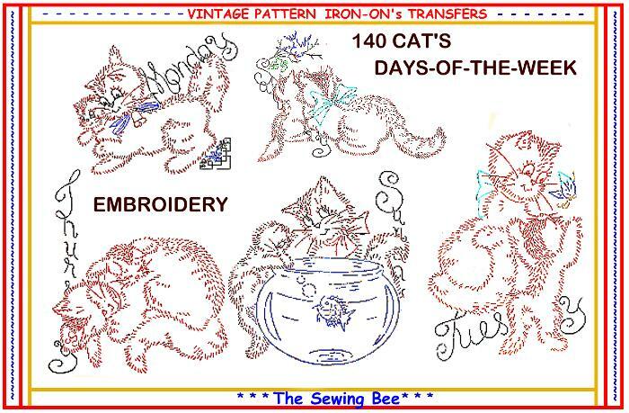 140 Cats Kitten in a fish bowl embroidery iron-on transfers patterns Tea Towel