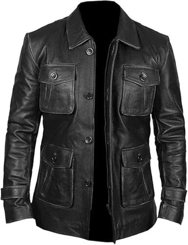 Men's Black Military Style 100% Real Lambskin Utility Pockets Leather Jacket - product listing photo