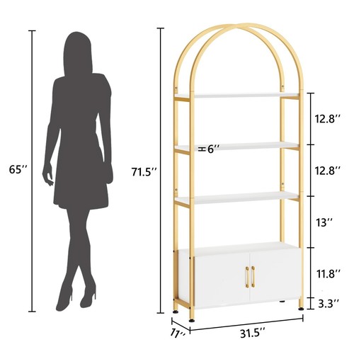 71" Industrial Book Shelf w/ Studry Metal Frame, 4-Tier Arched Bookcase w/ Doors - Picture 34 of 58