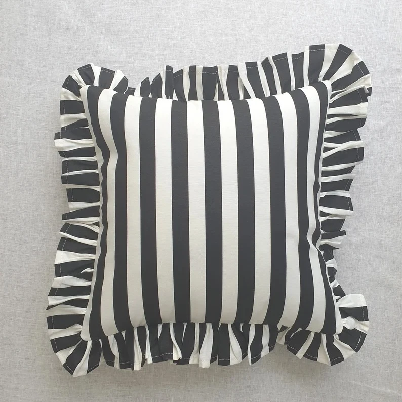 Indian Handmade Ruffled Black Stripe Print Fabric Home Décor frill Cushion Cover