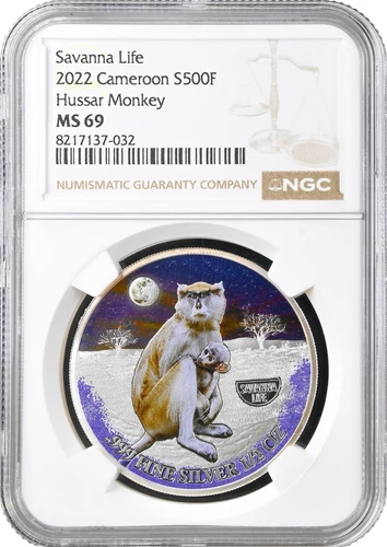 Cameroon 500 francs 2022, NGC MS69, "Savanna Life - Hussar Monkey" Top Pop 1/0