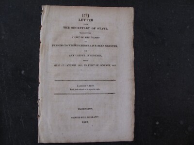 Original Gov Doc 1819 Patents Inventions Items Lists Register Patentees Names