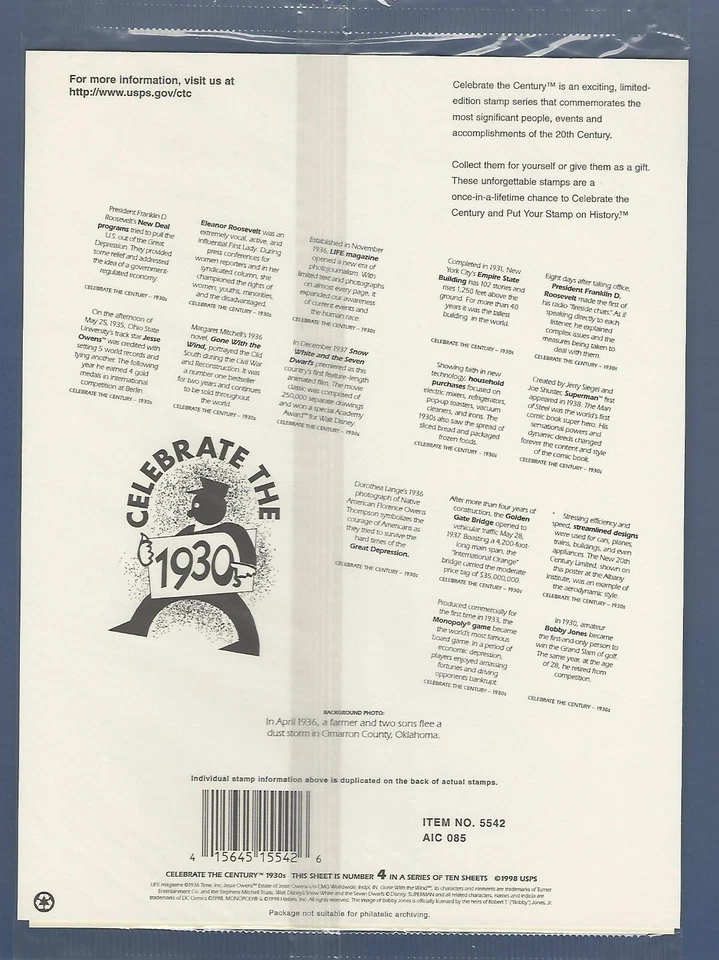 SCOTT #3185 1930s CELEBRATE THE CENTURY PANE OF 15 (32c) STAMPS MNH SEALED - Image 2 of 2