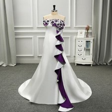 Cascading Ruffles Flowers Mermaid Wedding Dresses White And Purple Bridal Gowns