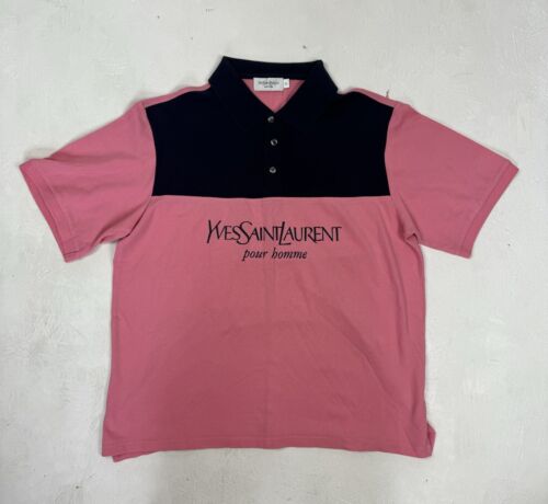Męska koszulka polo Yves Saint Laurent rozmiar XL w kolorze różowym i granatowym vintage logo YSL - Zdjęcie 1 z 8