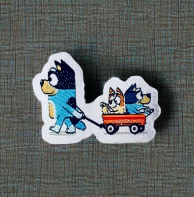 Iron On Patch - Blue Dog Cartoon 2  Dad Red Wagon, Kawaii Bandit Bingo