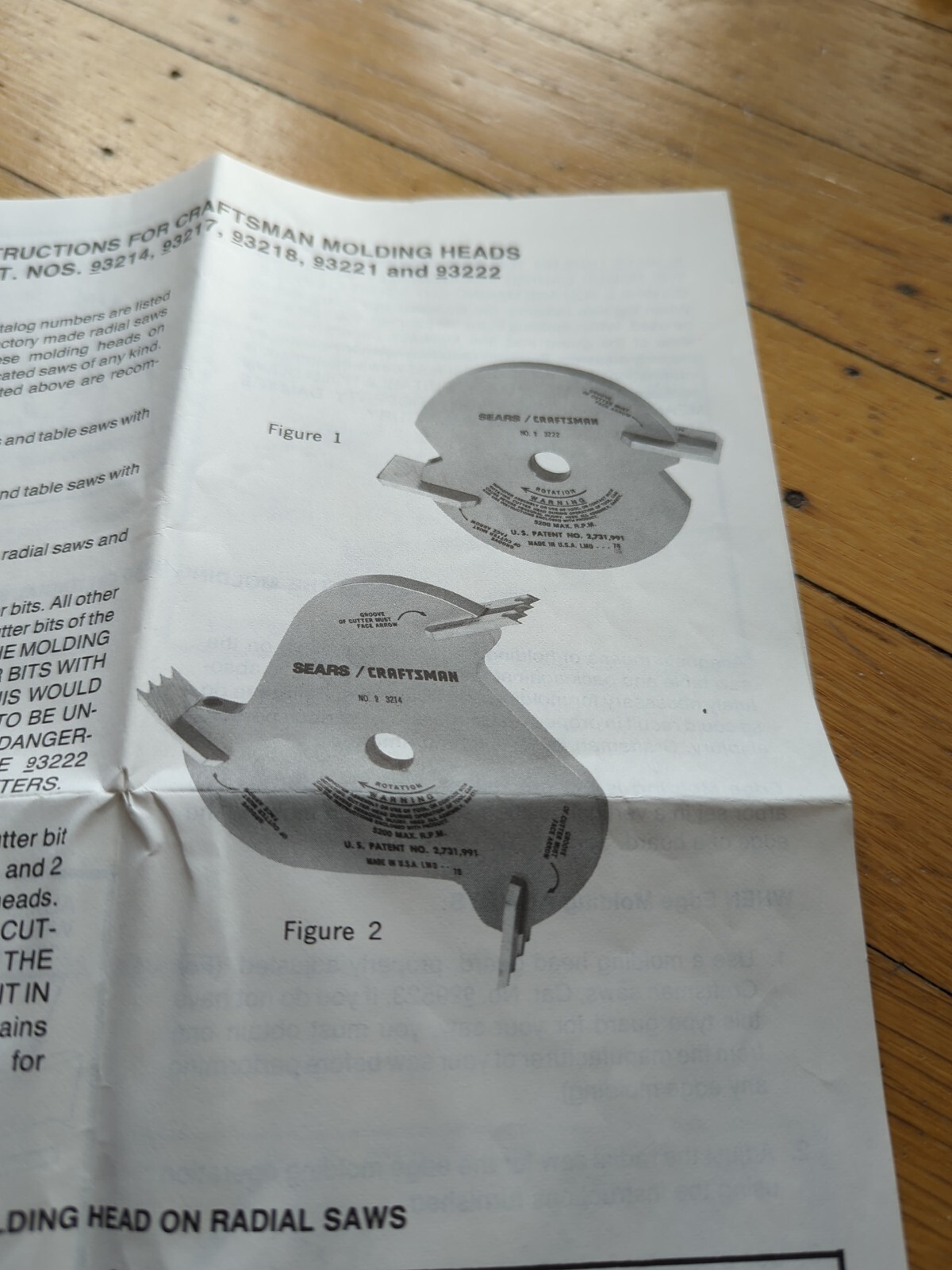 Craftsman Table saw molding head set Blades 93214, 2353, 2352, 2302