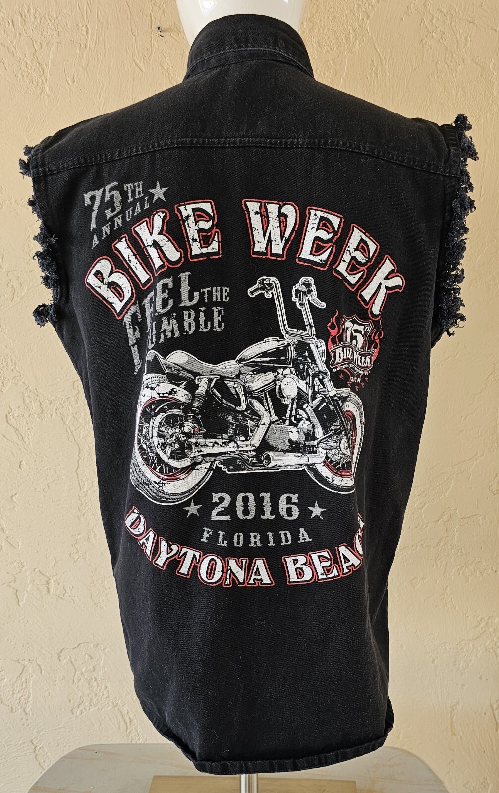 2016 Daytona Beach 75th Bike Week Black Denim Vest Harley Motorcycle XL EUC