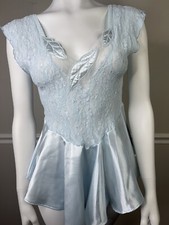 Vintage 1980s Cinema Etoile Blue Lace Slippery Satin Chemise Lingerie Medium