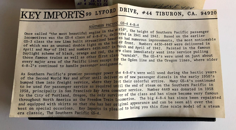 Key Imports Brass "Southern Pacific" Daylight GS-4  #4449  Project, PLEASE READ - Image 3 of 3