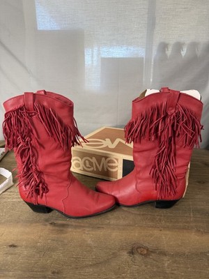 Dingo Boots Womens Red Leather Fringe Western Cowboy Mid-Calf Pull-On Boot