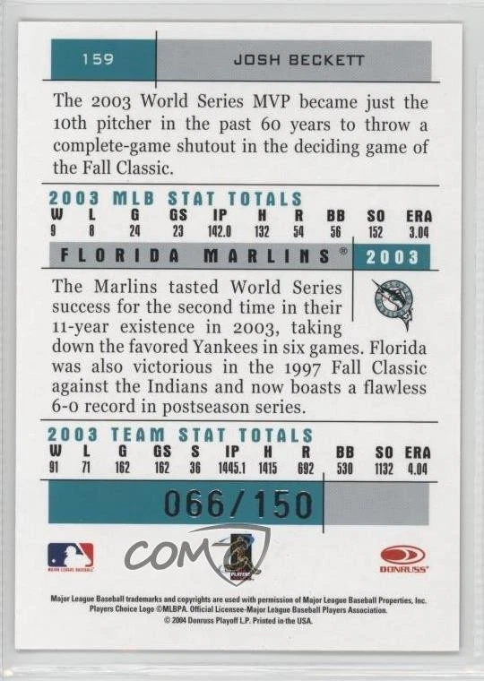 2004 Donruss Team Heroes Showdown Bronze /150 Josh Beckett #159 - Image 2 of 2