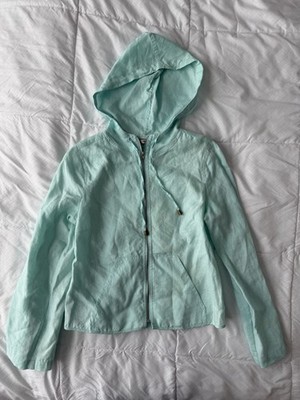 100% IRISH LINEN edward Zip Up Hoodie Jacket Women S Turquoise Blue Coastal