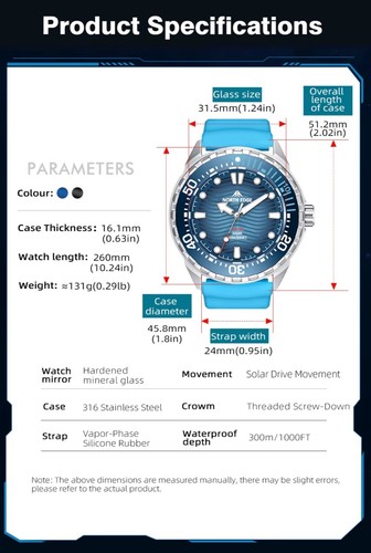 North Edge Solar Taucheruhr mit Silikonarmband oder plus Edelstahlarmband - Bild 13 von 28