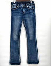 Miss Me Mid Rise Bootcut Blue Denim Jeans Size 28 Button Logo Embroidered