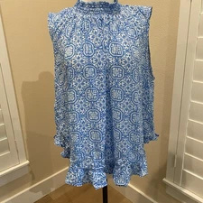 NWT Cato Blouse Blue White Floral Sleeveless High Neck Rayon Size 14-16