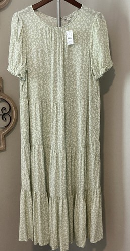 J.CREW $118 Tiered Midi Ditsy Floral Sage White Sz XL