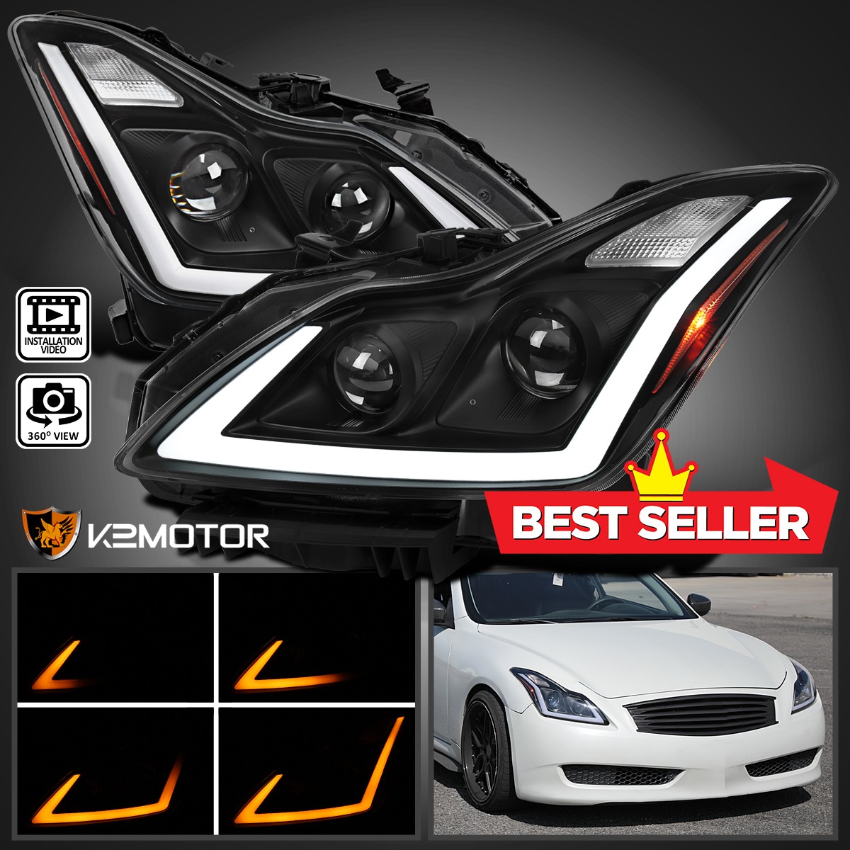 Fits Black 2008-2015 Infiniti G37 Q60 Coupe Projector Headlights
