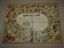 ANTIQUE GOOSE GAME Lithograph Era 1900 Tacot Tuba Bicycle Harp Drum