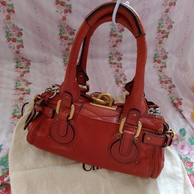 Chloe Mini Paddington Handbag Leather Red Brown Padlock Used 9227