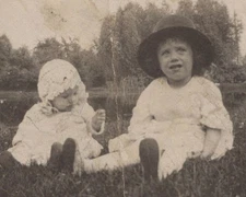 CREASED STAINS 1920s Baby Girl Infant Sitting Grass Hat Trees Sibling Family 
