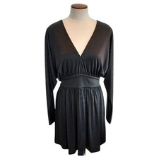 Halston Heritage Charcoal Gray Long Sleeve V Neck Evening Dress Size M