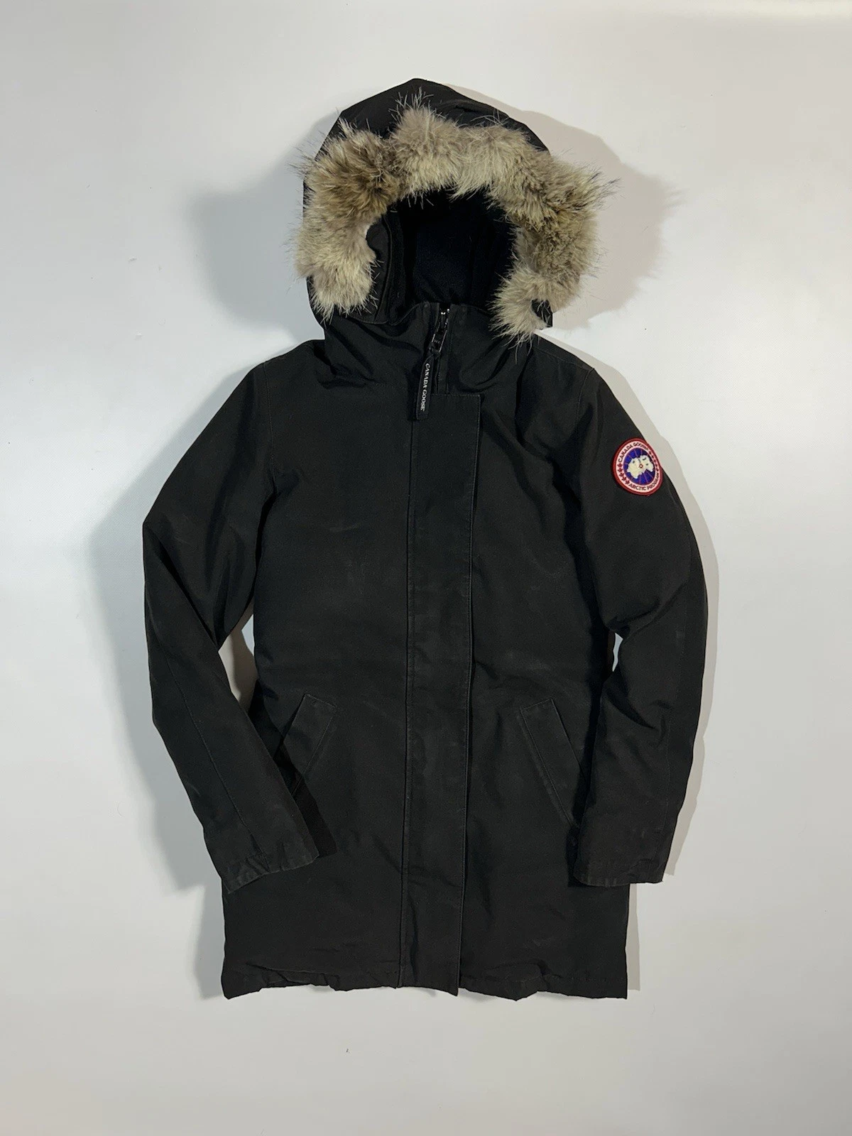 CANADA GOOSE parka donna nero piumino imbottito zip intera Victoria giacca cappuccio pelliccia XS