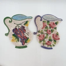 Horchow Italy Faux Mosaic Pitcher Trivets Wall Plaques Floral Grapes 10.5”x8”