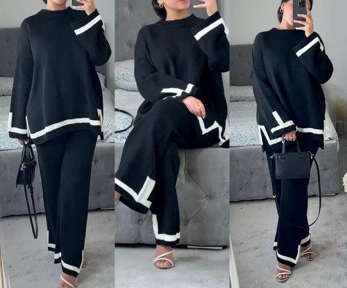 Ladies Knitted Stripe Loungewear Set, Wide Leg Co-ord Suit Tracksuit Outfit - Picture 3 of 6