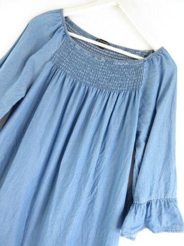 New Directions Dress PL Blue Chambray Peasant Off Shoulder Bell Sleeve Ruffles - Picture 8 of 9