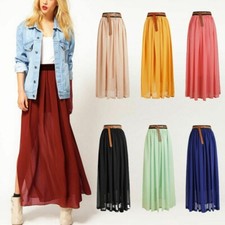 Women's Summer Pleated Chiffon Elastic Waist Double Layer Long  Skirt