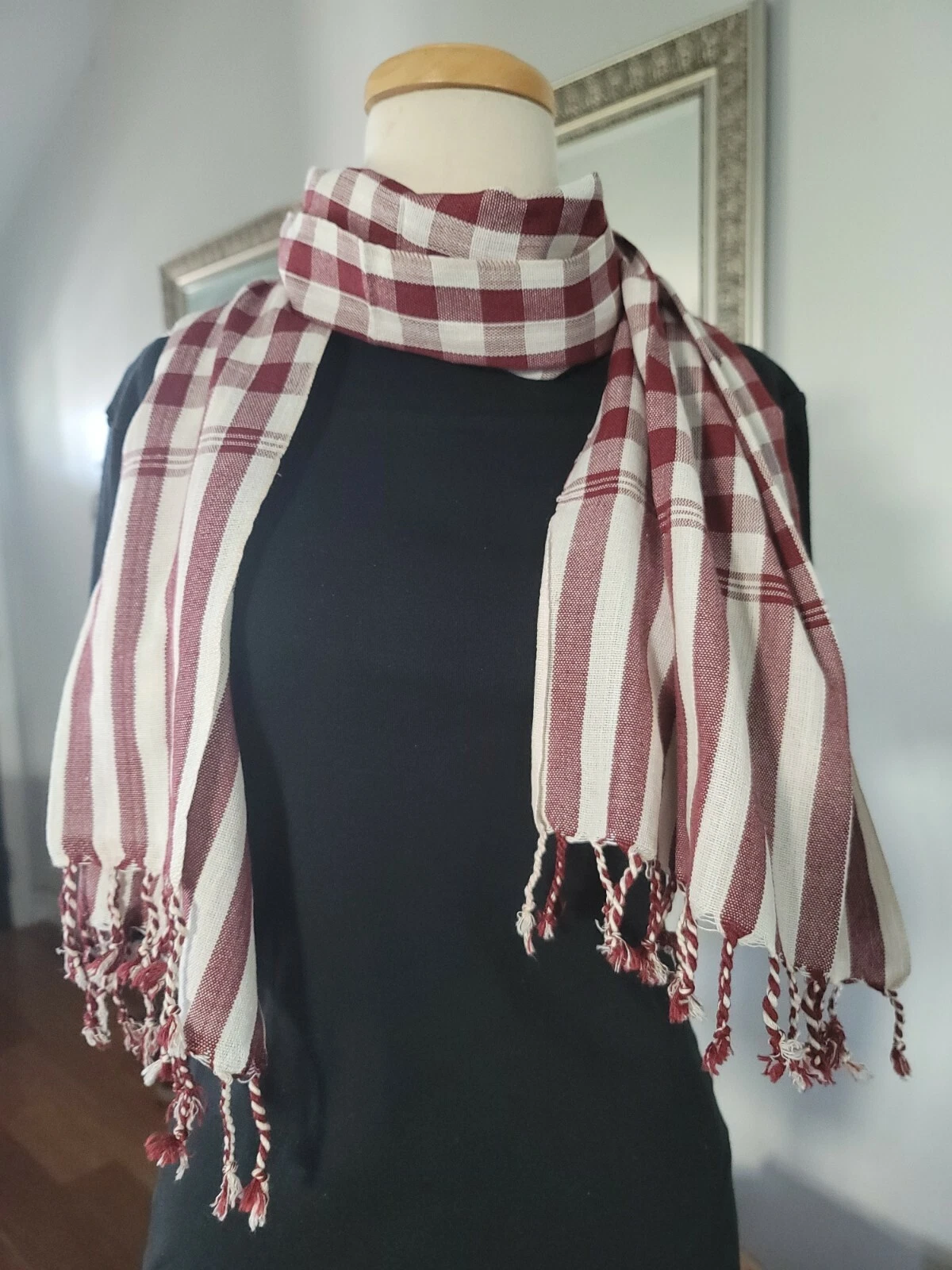 Krama 100% Cotton Handmade Khmer Scarf 63 x 15 Inches Maroon/White