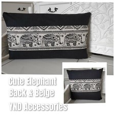 HANDMADE cushion cover use Indian cute elephant on black beige cotton Fabric 