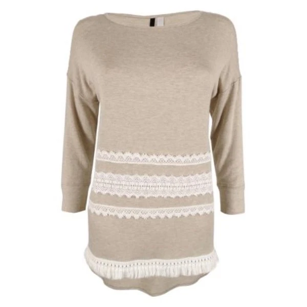 Top tejido para mujer Kensie cuello barco panel de encaje flecos dobladillo latte M Foto 2 de 4