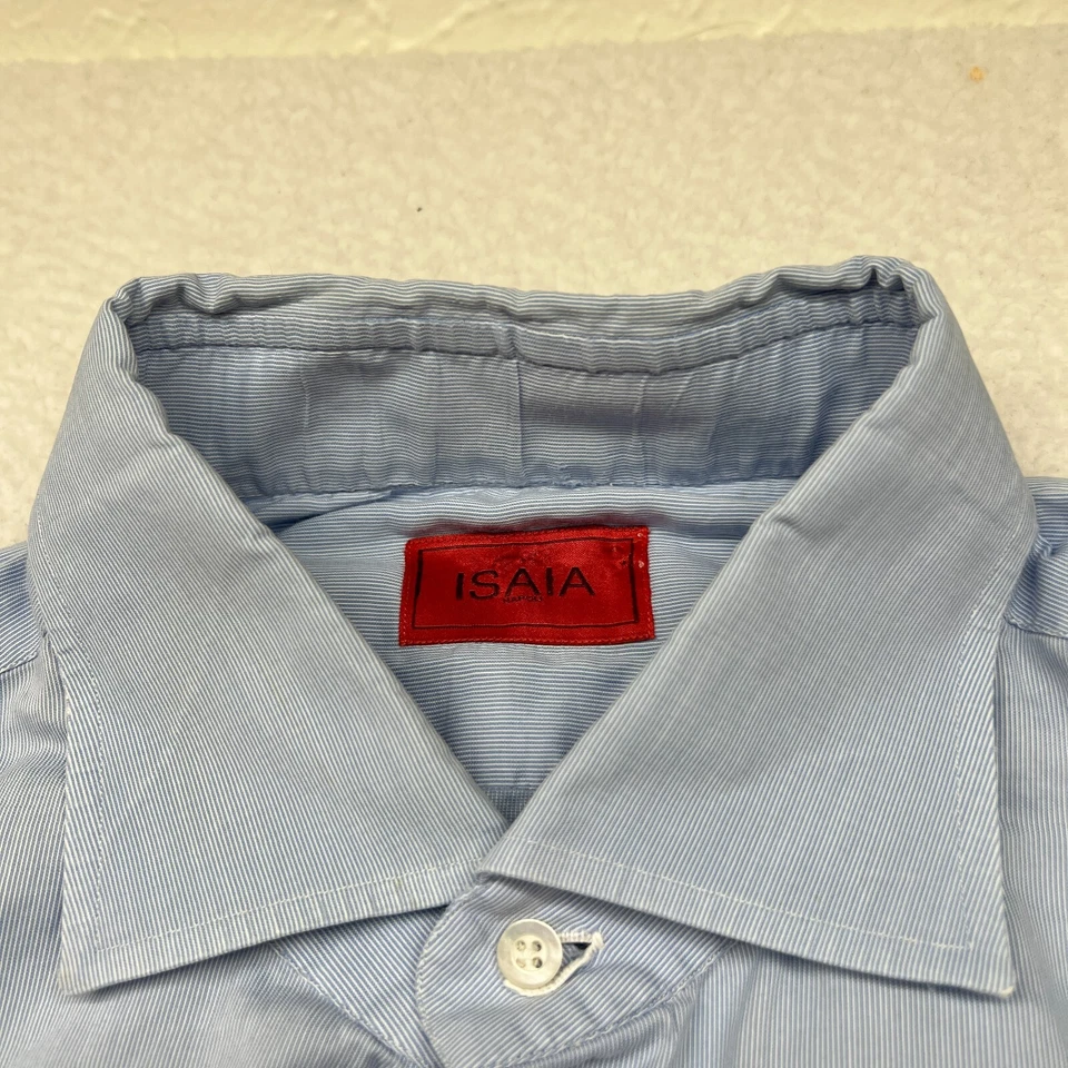 Camisa de vestir ISAIA Napoli para hombre 16,5-42 blanca azul a rayas manga larga Italia defectos Foto 3 de 4