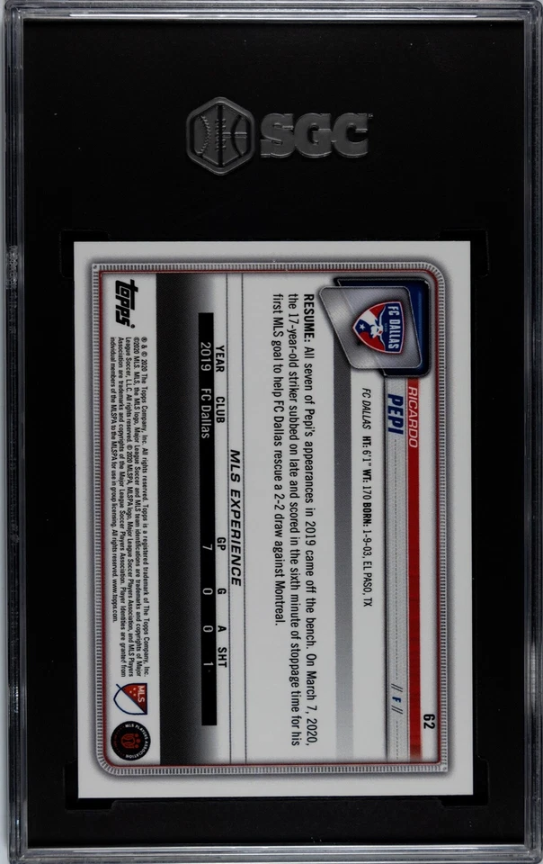 2020 Bowman MLS Ricardo Pepi #62 RC SGC 9 Mint USMNT FC Dallas - Image 2 of 2