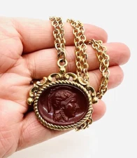 Large Victorian Revival Carnelian Glass Soldier Fob Necklace Vintage Jewelry