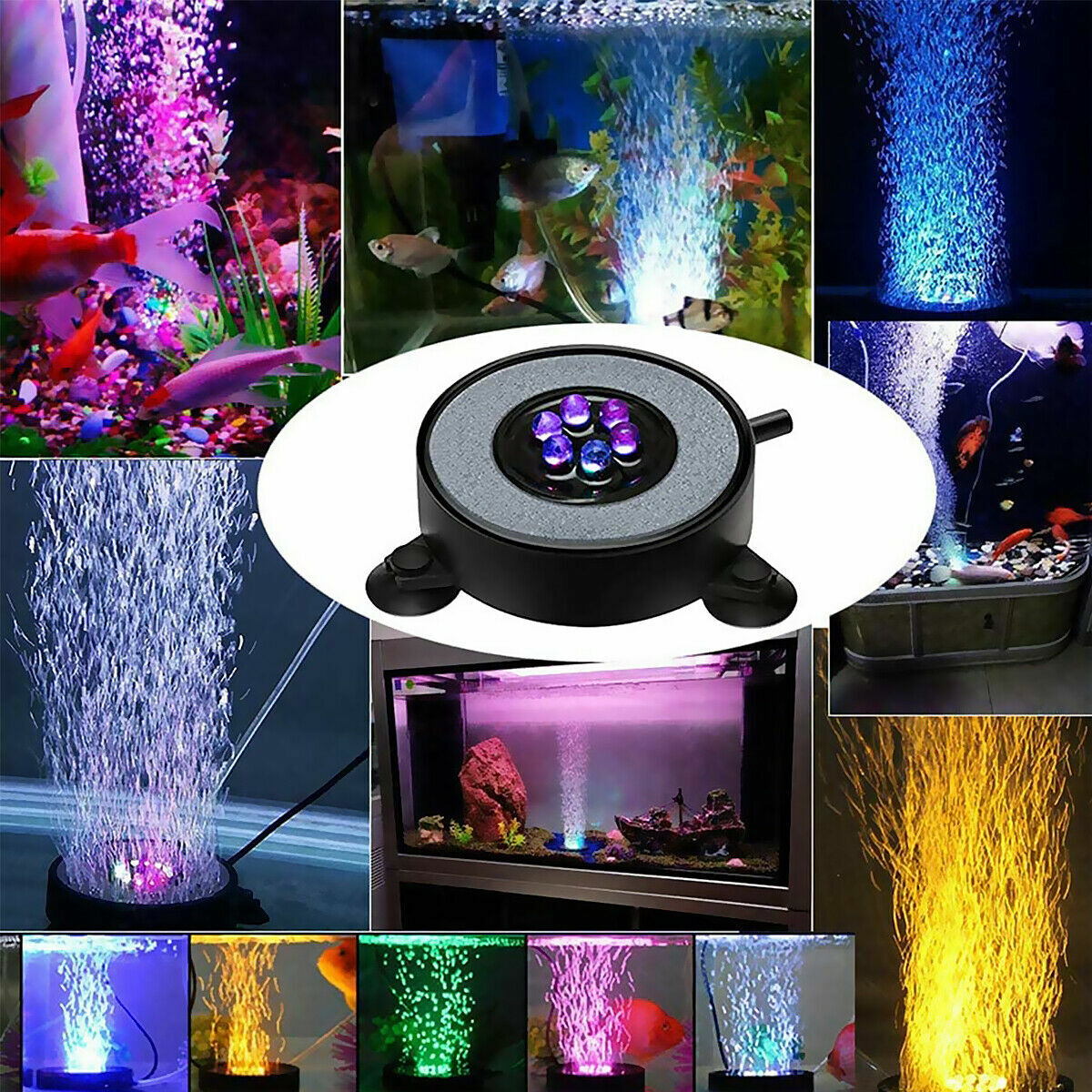 LED Aquarium Light Fish Tank Bubble Pump Round Air Stone Disk Color