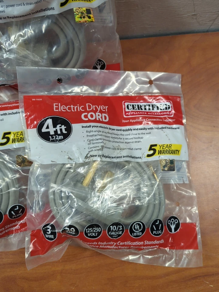 LOTE DE 3 cables de alimentación para secadora eléctrica de 4 hilos de 30 amperios certificados 4 pies Foto 2 de 4