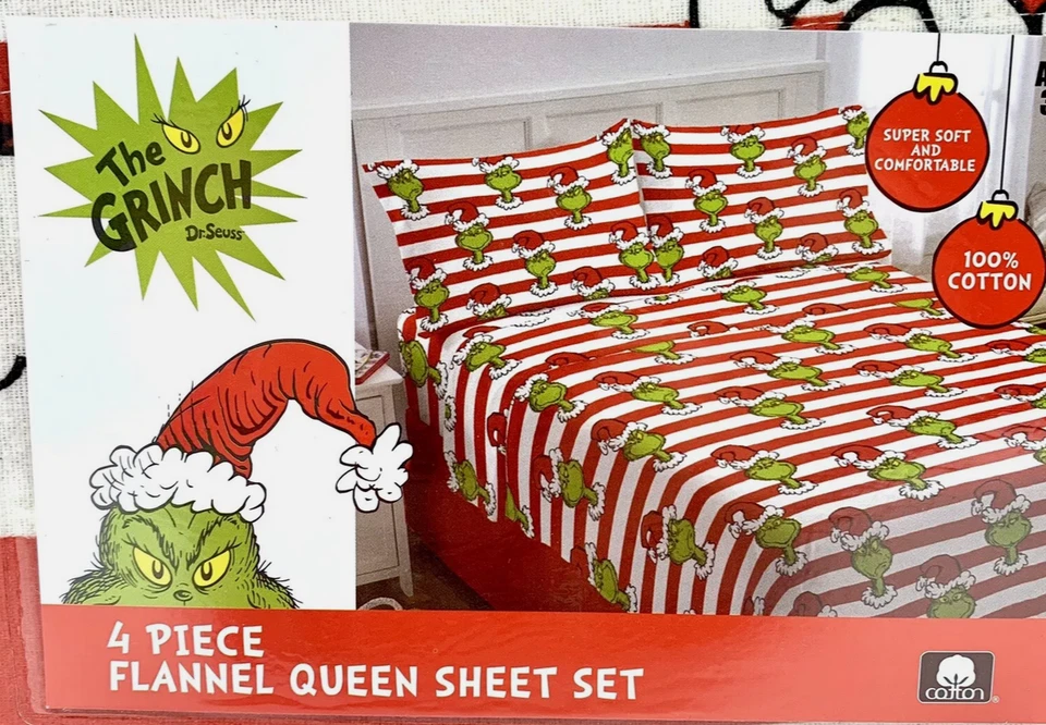 Dr Seuss THE GRINCH Queen Size Cotton Flannel Sheet Set  Christmas (cozy & warm) - Image 3 of 4